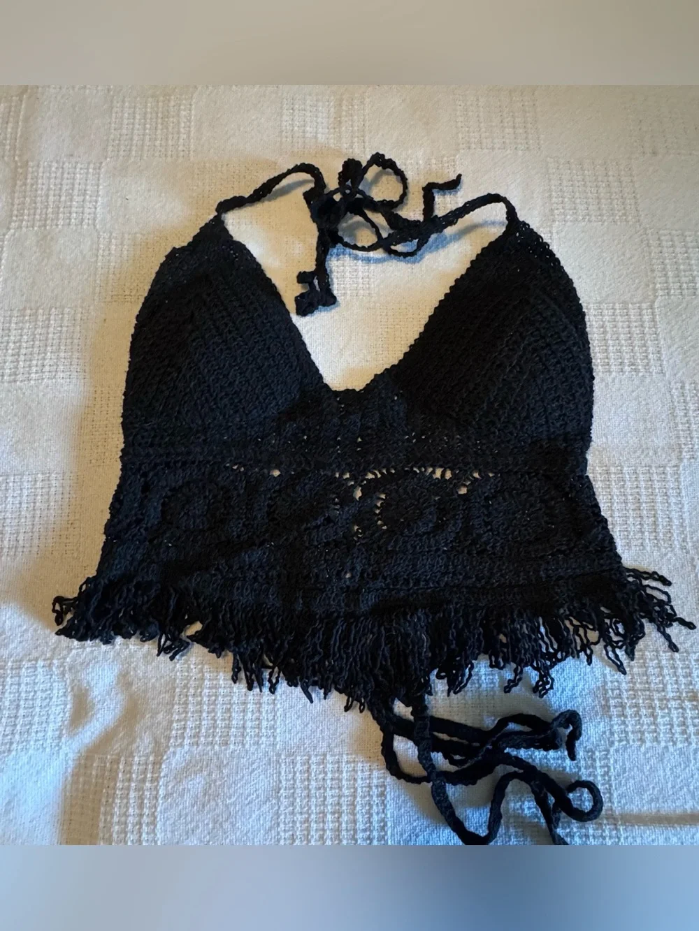 Black Crochet Halter Bikini Top with Fringe Trim